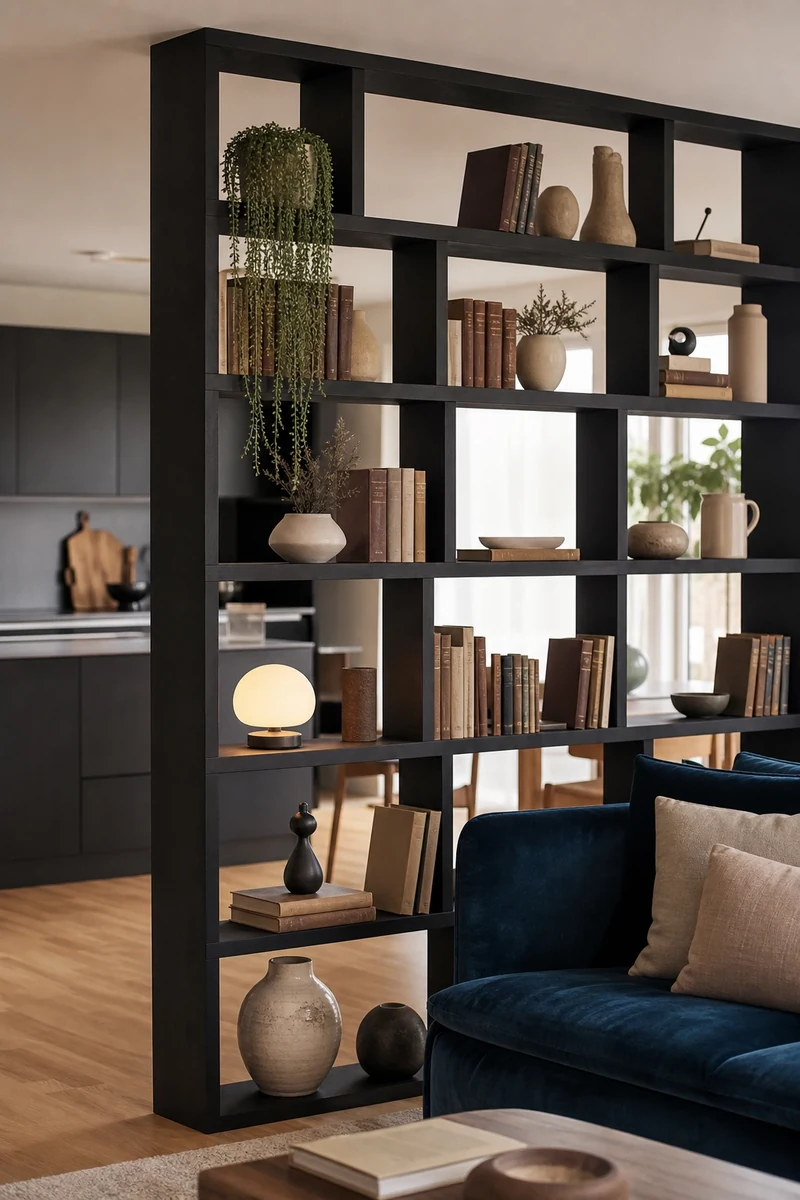 Bibliothèque-claustra en bois noir séparant cuisine grise et salon velours bleu sans bloquer la lumière