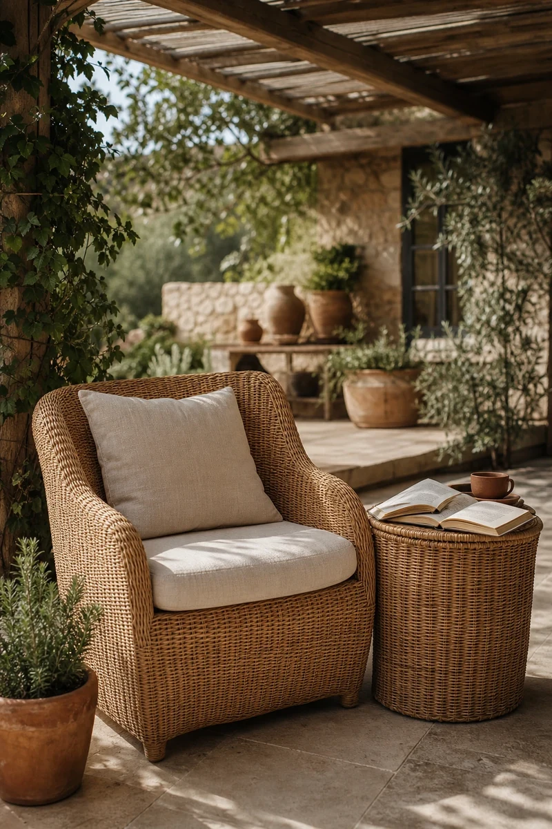 Fauteuil terrasse en rotin et cannage style 2026 sous pergola
