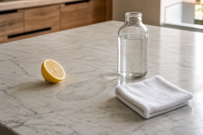 Gravure acide d'un citron sur un plan de travail en marbre blanc Carrare illustrant la sensibilité du marbre aux agrumes