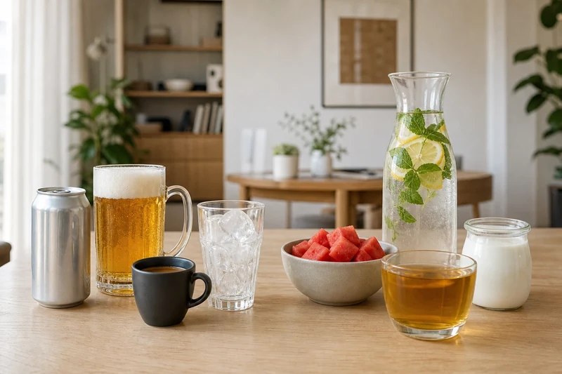 Comparaison entre boissons à éviter (soda, bière, glaçons) et boissons à privilégier (eau citronnée, tisane, pastèque)
