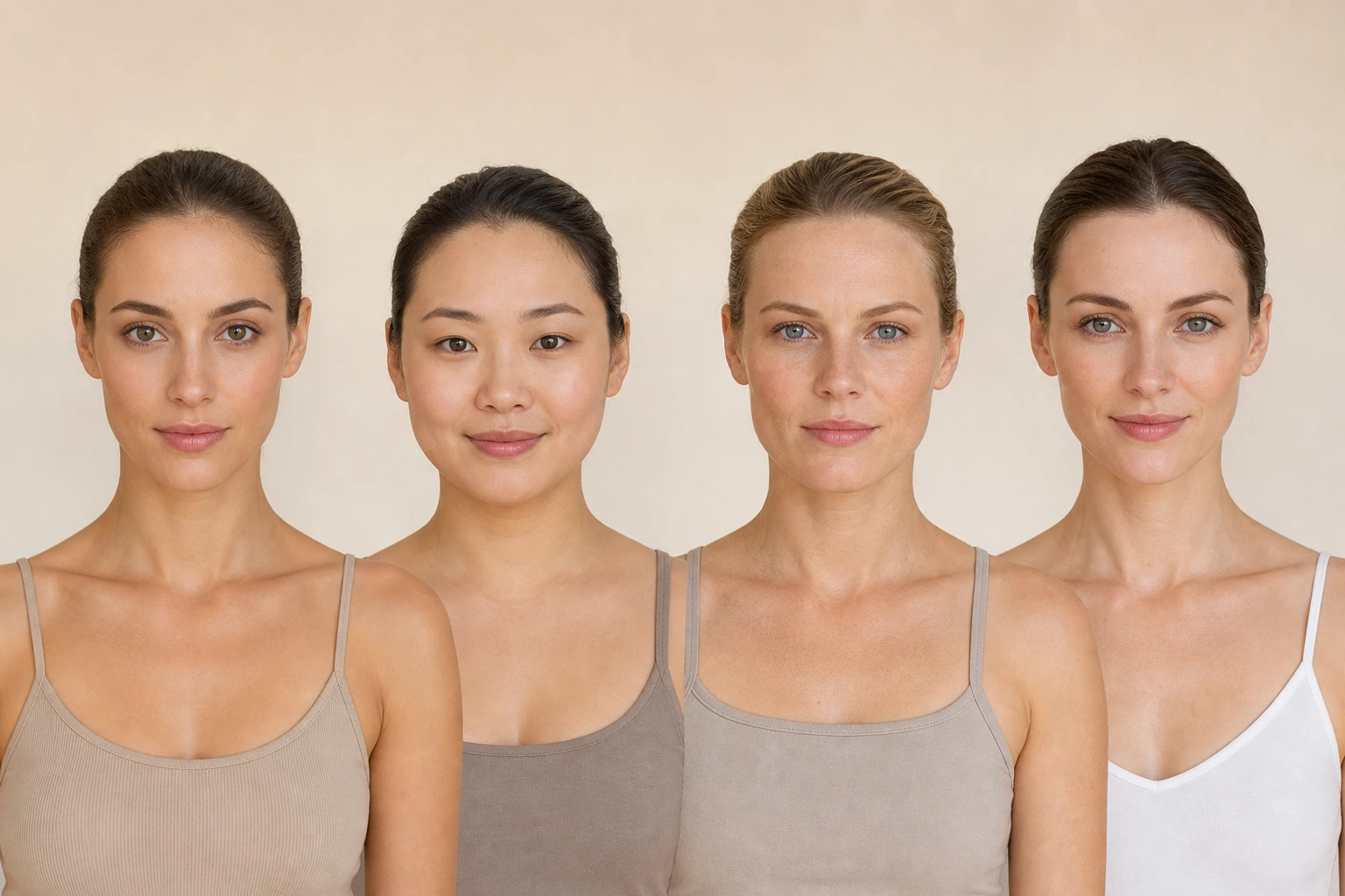 Quatre morphologies de visage côte à côte : ovale, rond, carré, en cœur