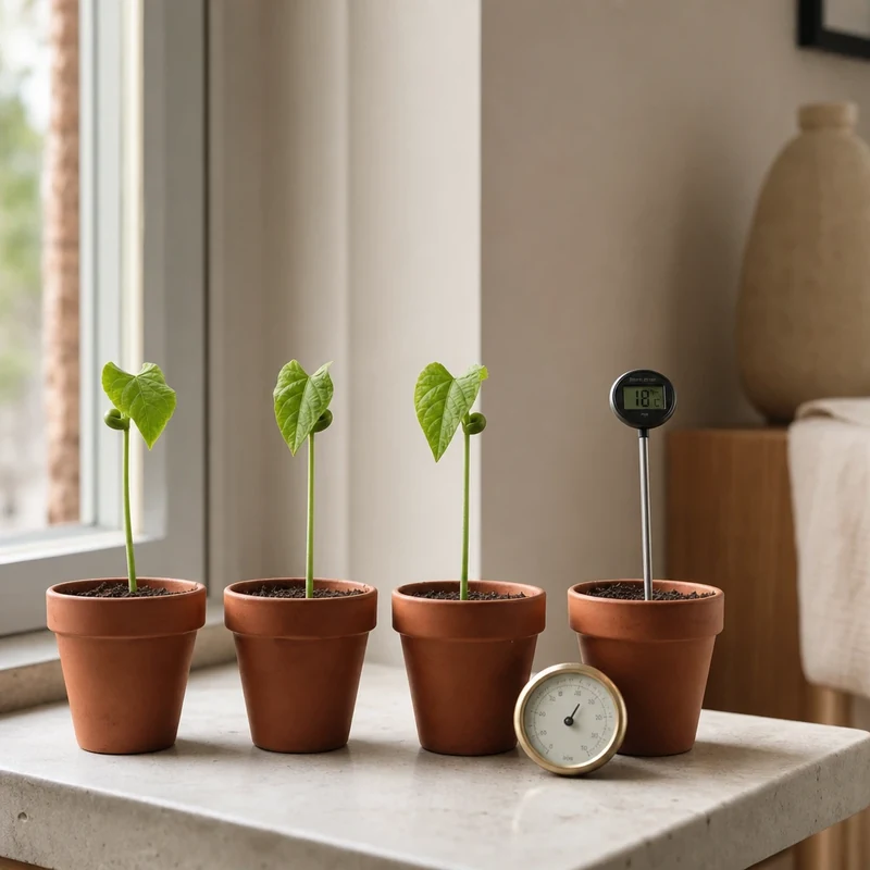Trois jeunes plants de haricot identiques avec thermomètre de sol — observation comparative