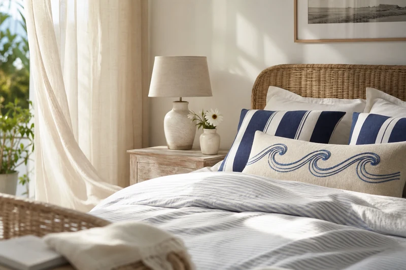 Chambre Preppy Riviera avec tête de lit en rotin, linge de lit en lin et rayures bleu azur