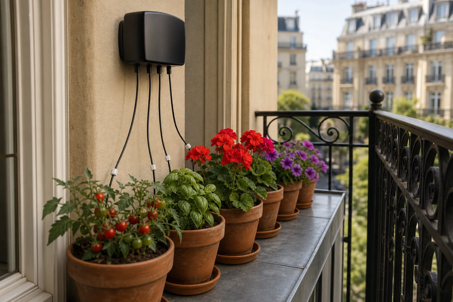 Balcon parisien équipé d'un kit goutteur sans pression sur réserve d'eau de 12 litres