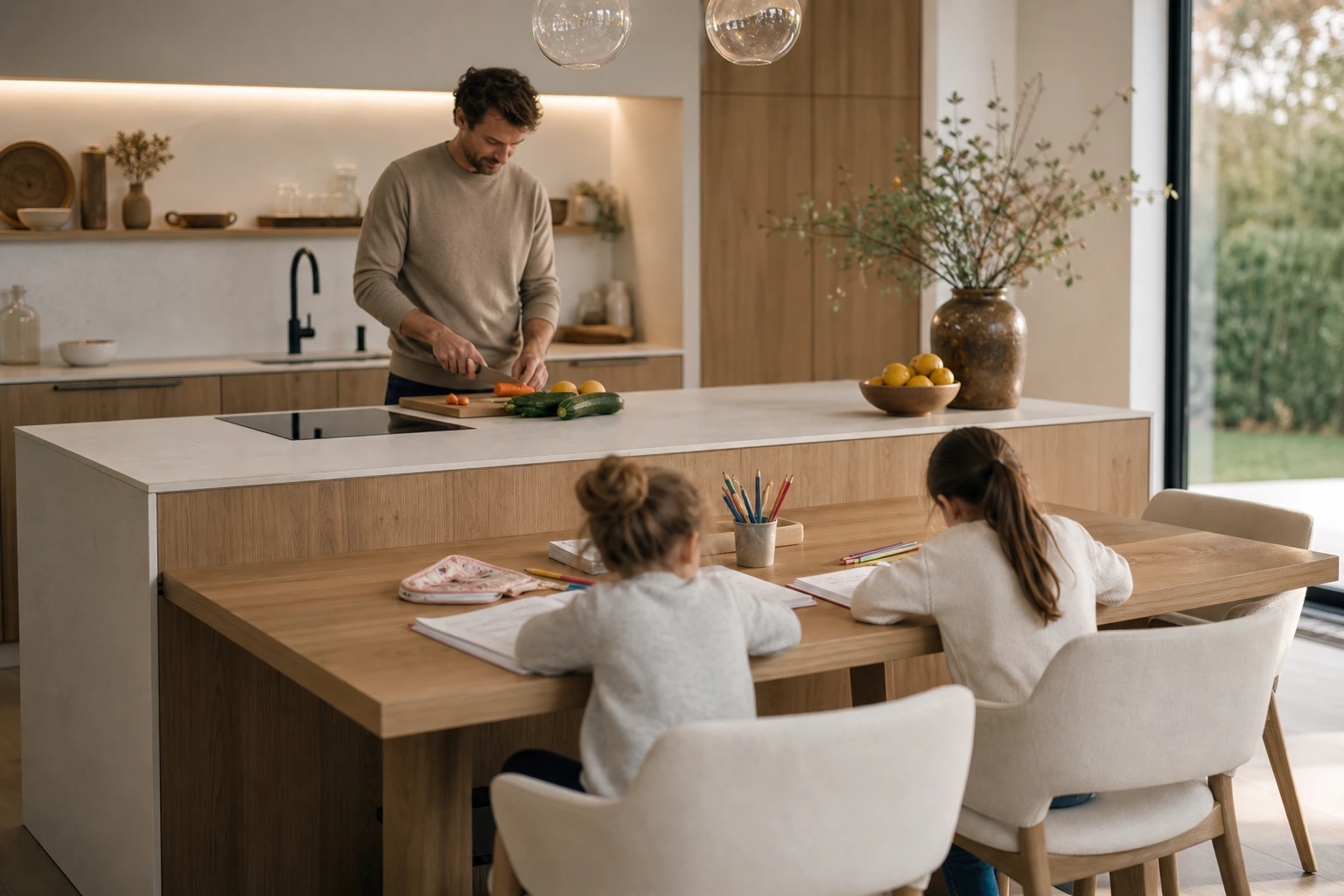 Îlot de cuisine avec coin repas intégré sur deux niveaux, configuration familiale en L