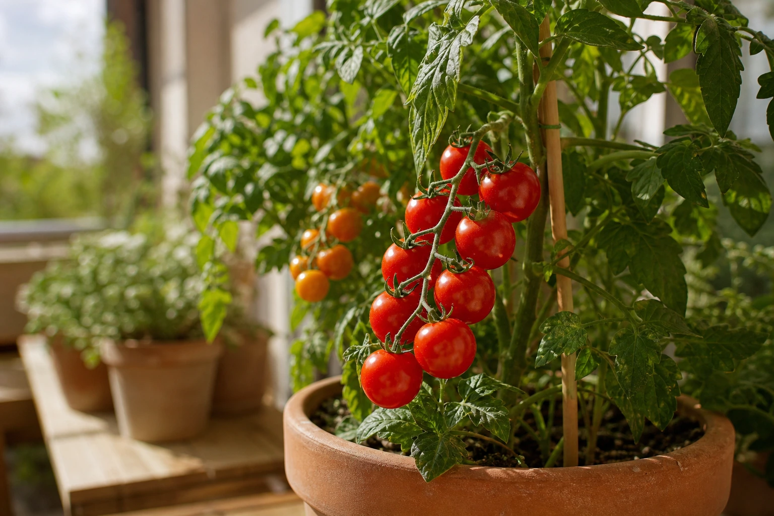 Plant de tomate cerise en pot terracotta avec grappes de fruits mûrs