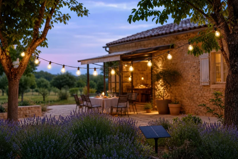 Guirlande guinguette solaire LED installée entre deux arbres avec panneau au sol