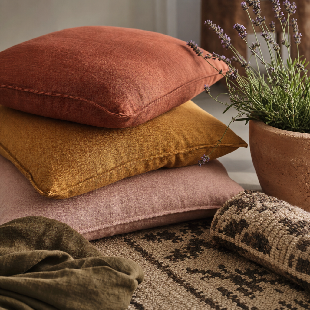 Palette terracotta, ocre et rose poudré en coussins lin et cache-pot terre cuite pour terrasse 2026