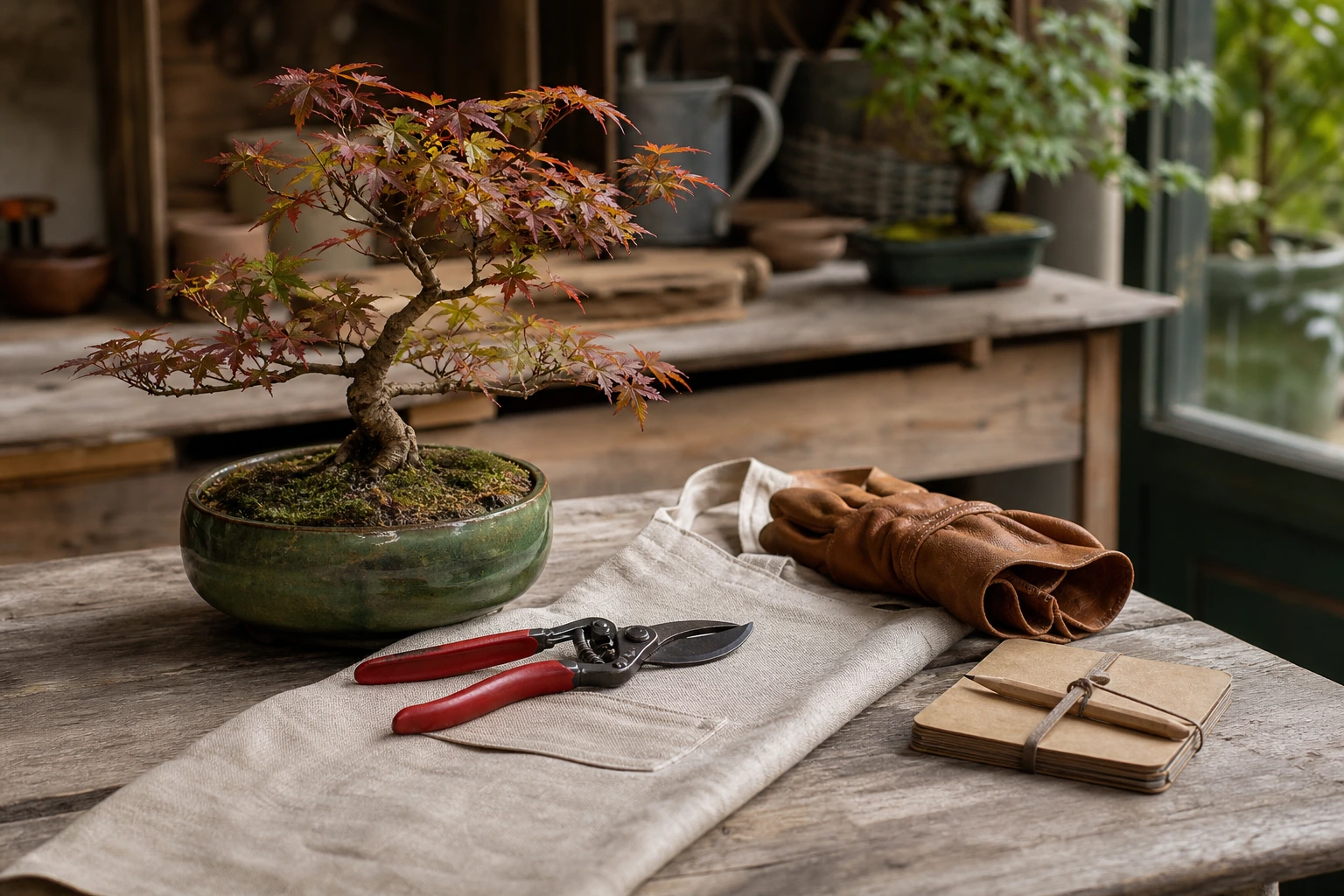 Cadeaux pour papa jardinier : sécateur, bonsaï érable du Japon, gants de cuir cognac et tablier de lin