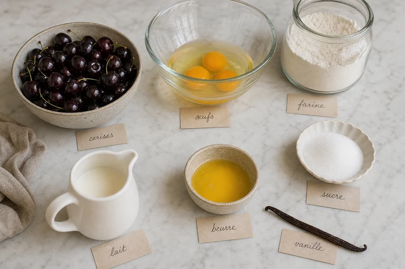Mise en place des ingrédients du clafoutis aux cerises sur marbre