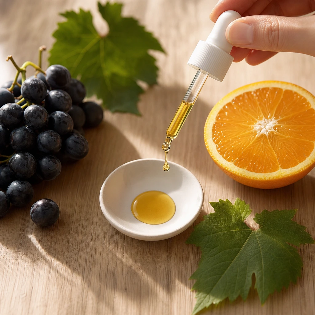 Pipette de sérum vitamine C dorée au-dessus d'une coupelle, entourée de raisin noir et d'une demi-orange