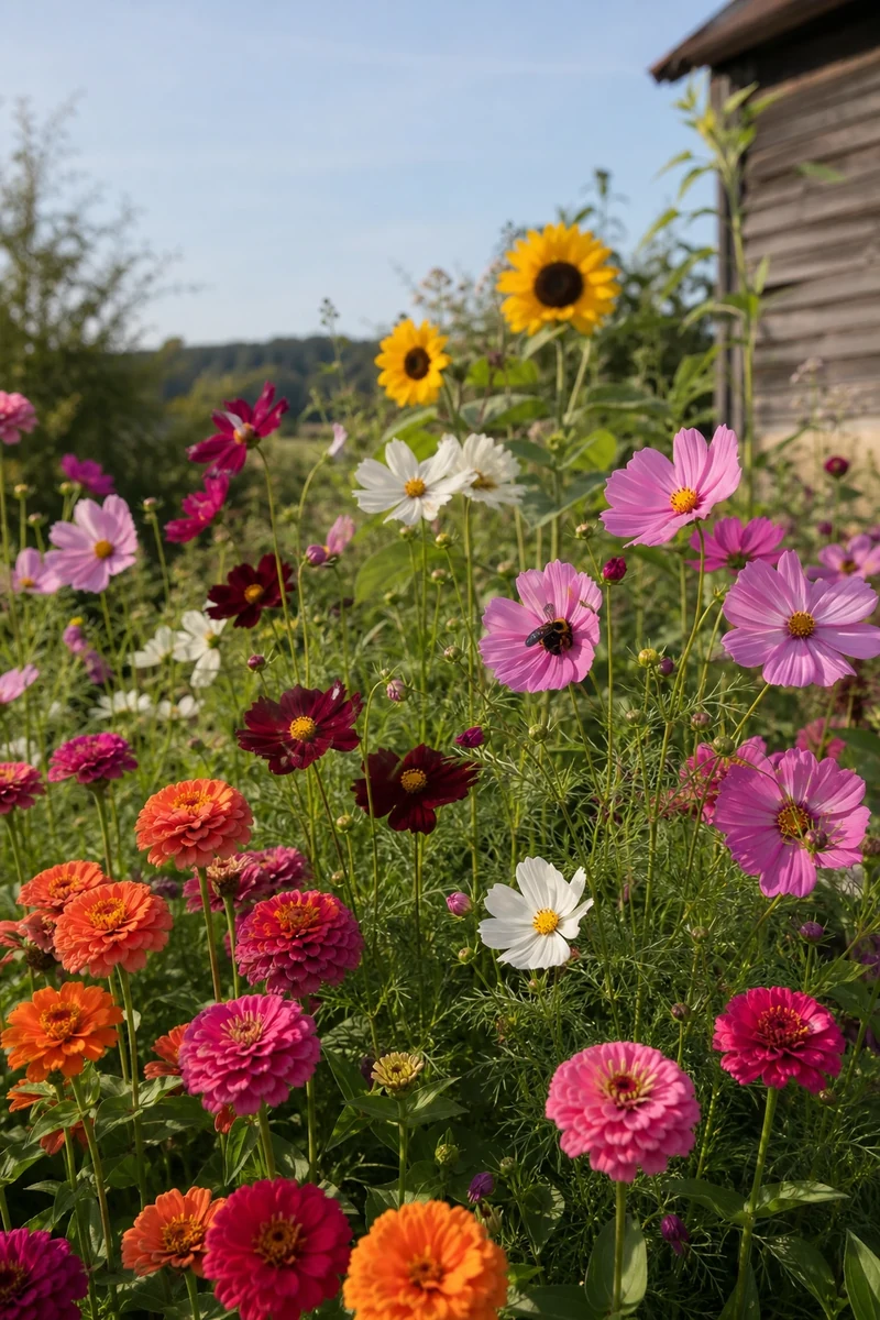 Massif de cosmos zinnias et tournesols en fleurs avec abeille butineuse