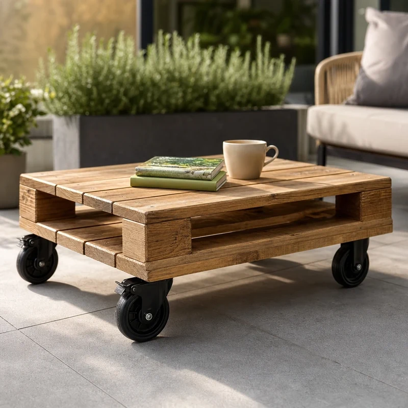 Table basse terminée en palette EPAL sur roulettes, posée sur une terrasse