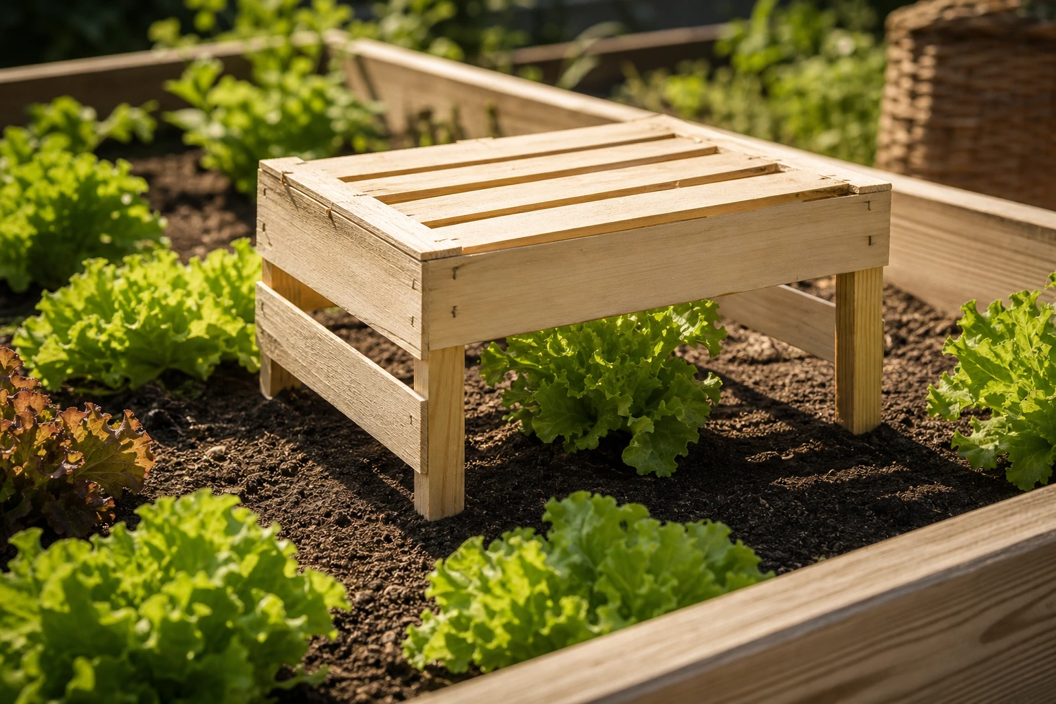 Cagette retournée comme ombrière improvisée sur un plant de salade dans un carré potager