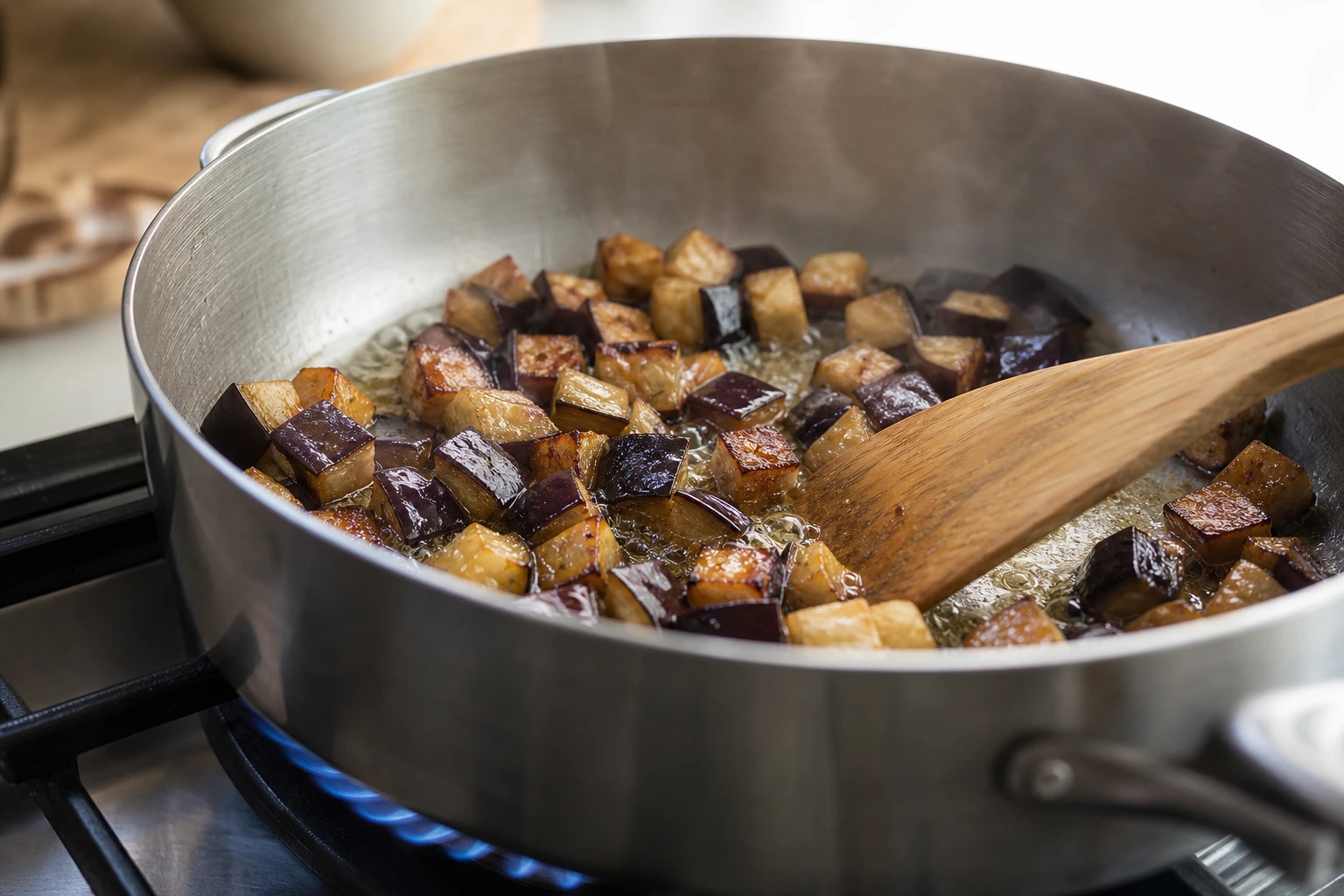 Cubes d'aubergines saisis seuls dans la sauteuse à l'huile d'olive