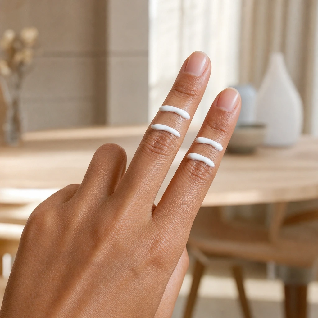 Démonstration de la dose de crème solaire : deux phalanges pour visage et cou
