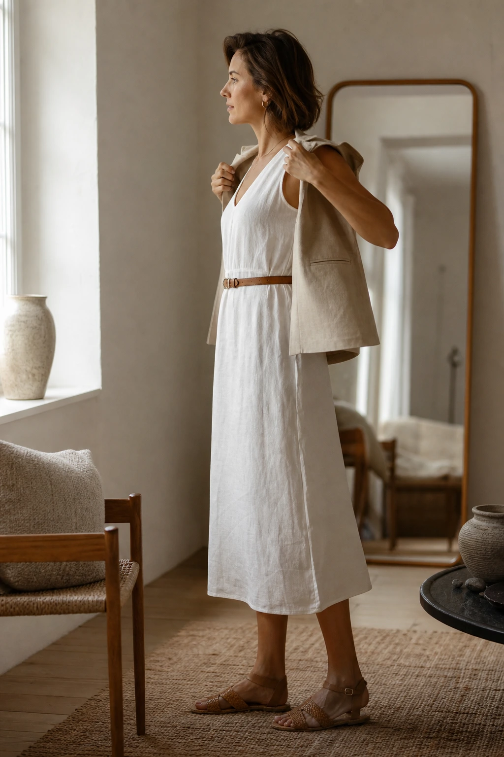 Robe midi blanc cassé associée à un blazer sans manches beige pour une tenue de journée