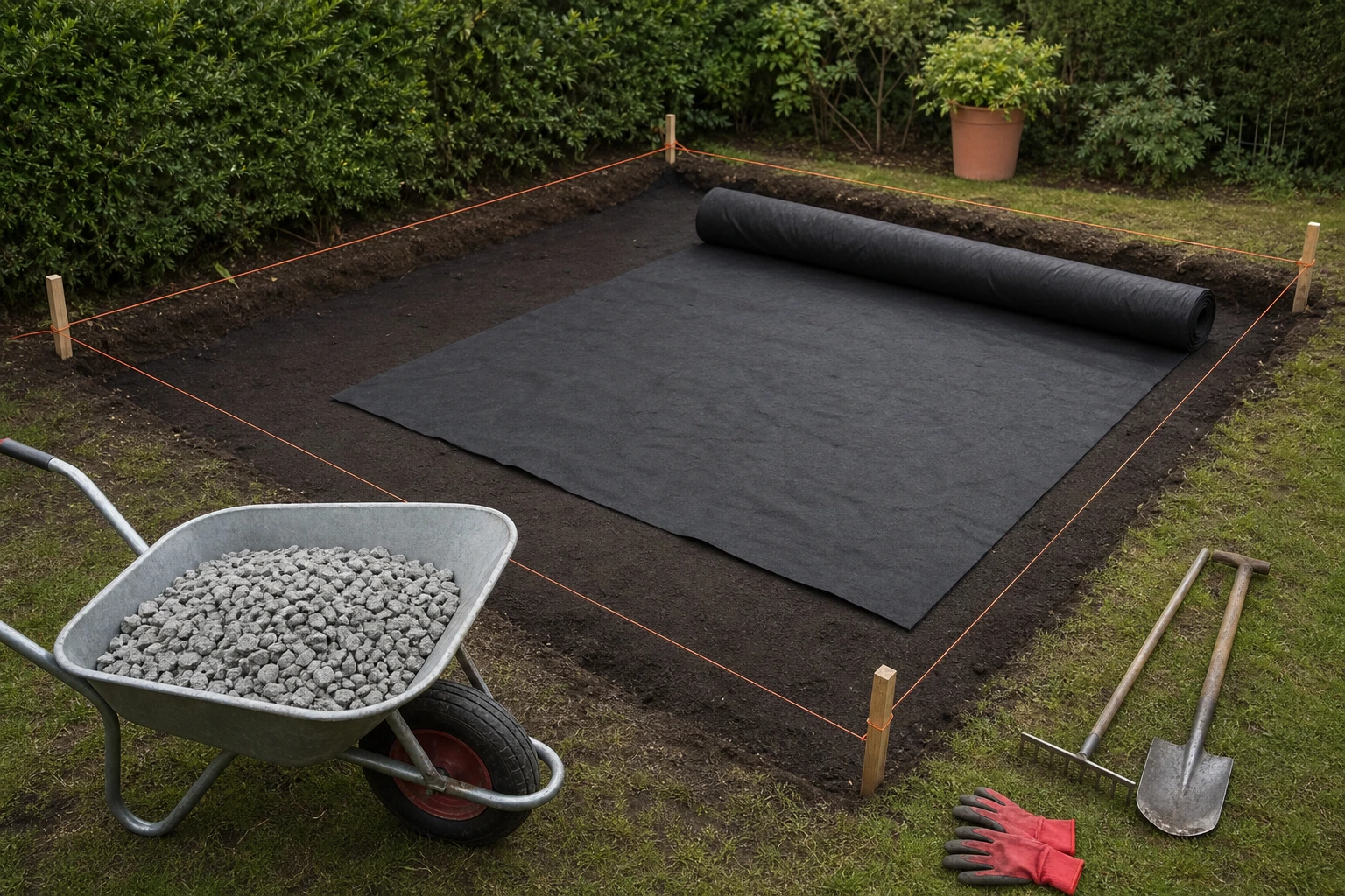 Préparation du sol pour terrasse palettes avec gravier compacté et feutre géotextile déroulé