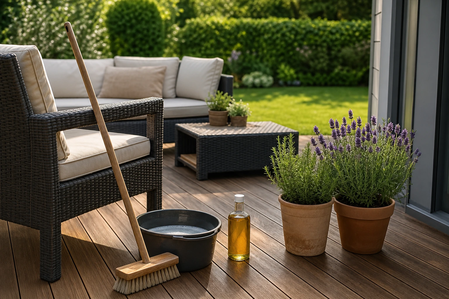 Terrasse en bois nettoyée et mobilier de jardin remis en place pour l'été