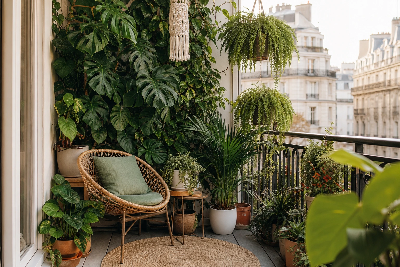 Petit balcon parisien transformé en jungle urbaine avec monstera, philodendron et fauteuil en rotin