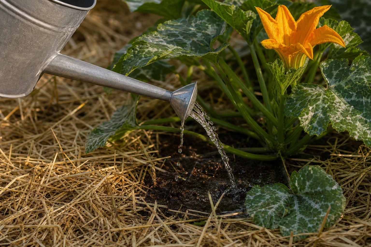 Arrosage au pied d'une courgette sans mouiller le feuillage