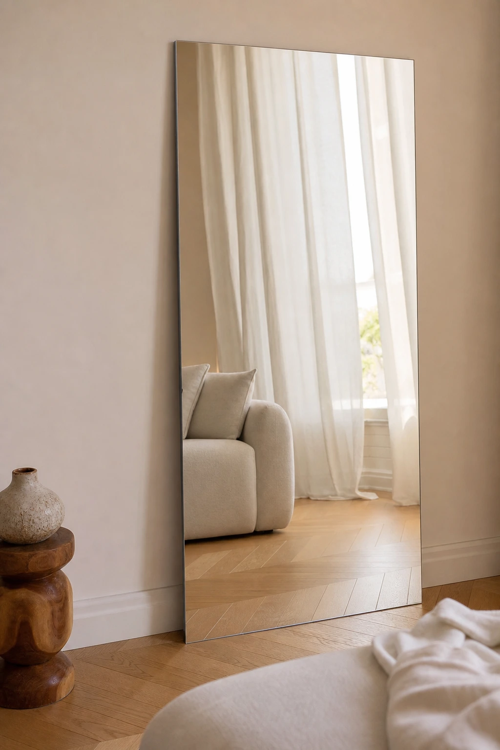 Miroir pleine hauteur placé face à la fenêtre pour démultiplier la lumière
