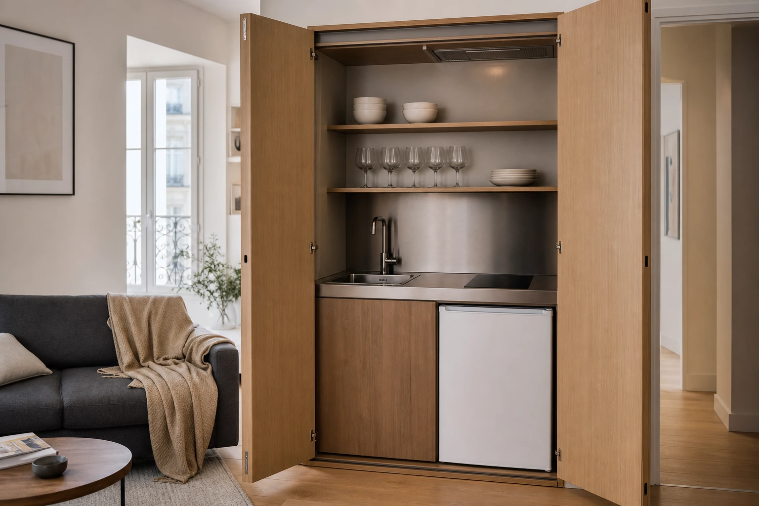 Cuisine escamotable de studio ouverte montrant évier, plaques et frigo intégrés dans une armoire