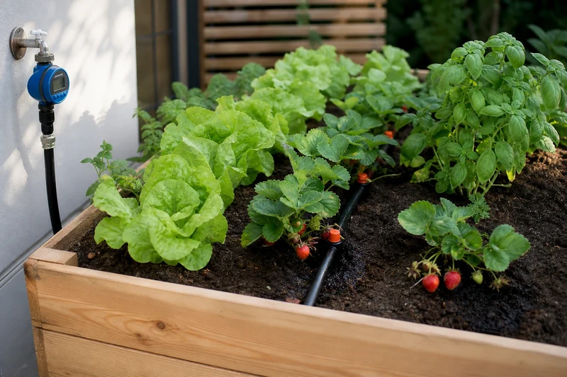 Système d'arrosage goutte-à-goutte avec goutteurs orange dans un carré potager en bois