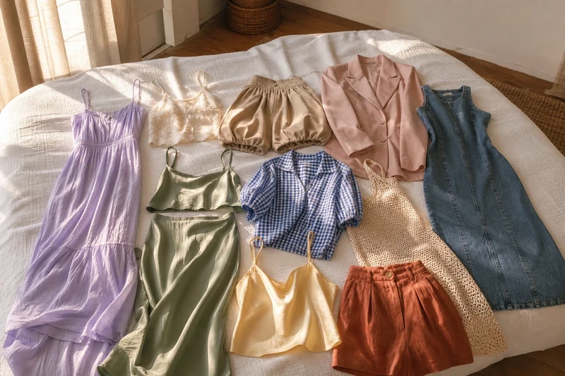Dix pièces tendance été 2026 dont robe lavande, bubble short, dentelle, ensemble vert sauge et blazer rose poudré