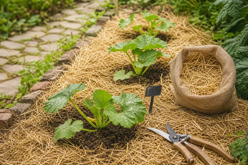 Rang de plants de courgettes paillés à la paille de blé après plantation en juin