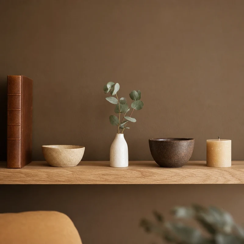 Étagère japandi enrichi avec cinq objets artisanaux espacés sur fond mur brun