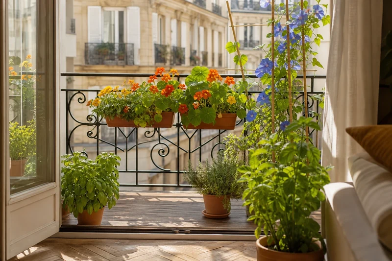Balcon parisien fleuri en juin avec capucines orange, ipomées bleues et basilic en pots