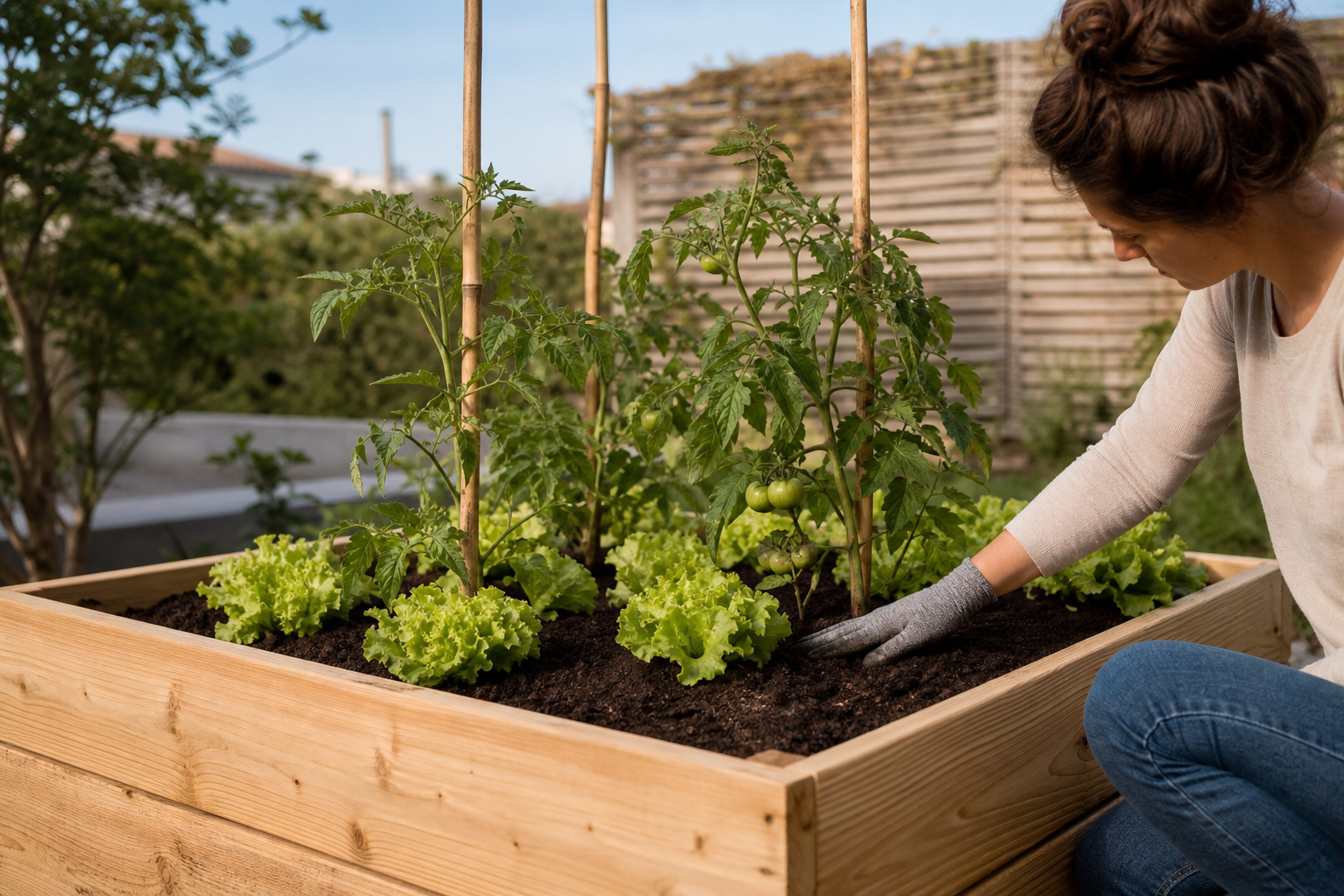 Carré potager surélevé en bois avec jeunes plants de tomates et de salades