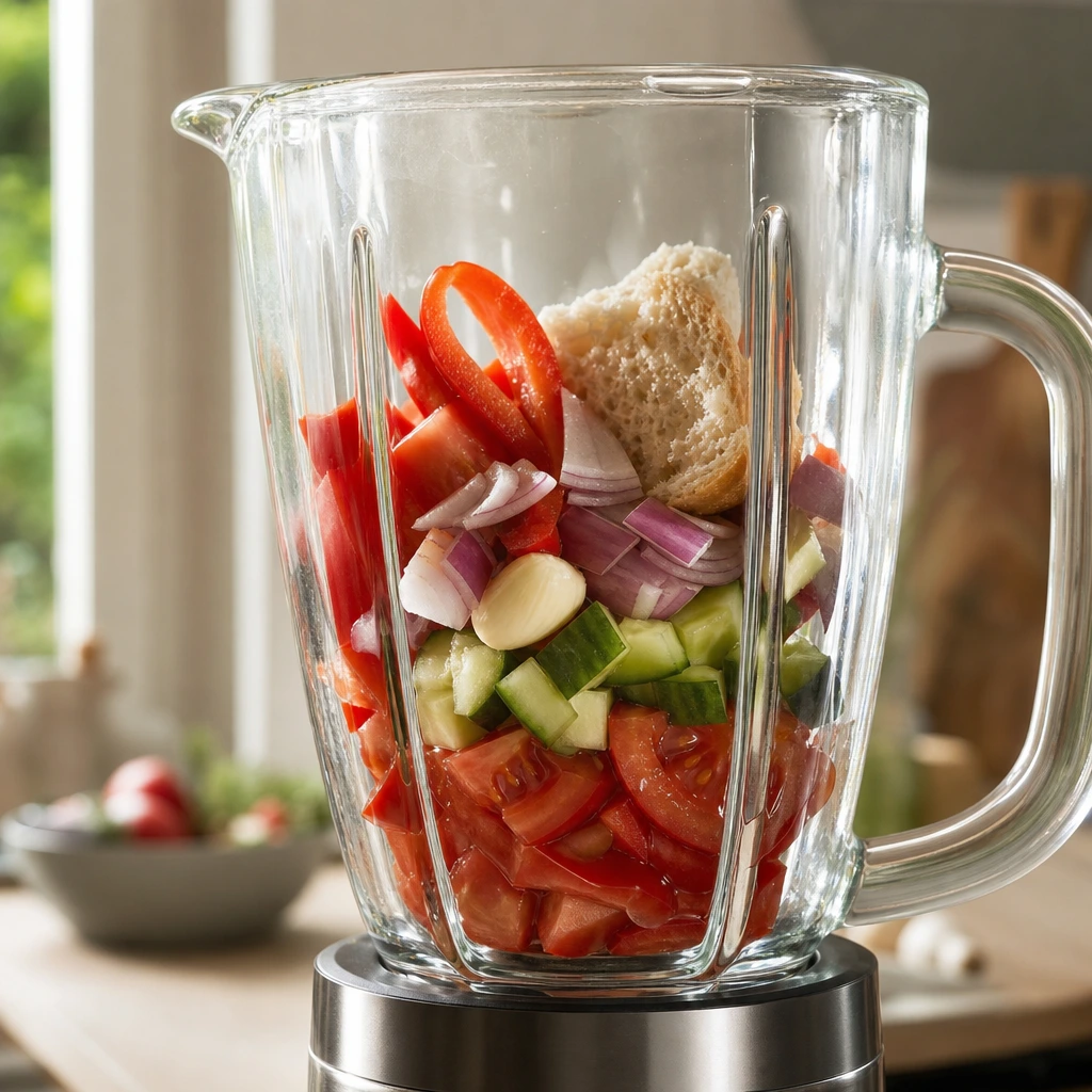 Légumes crus colorés et pain rassis prêts à être mixés dans le blender pour le gaspacho