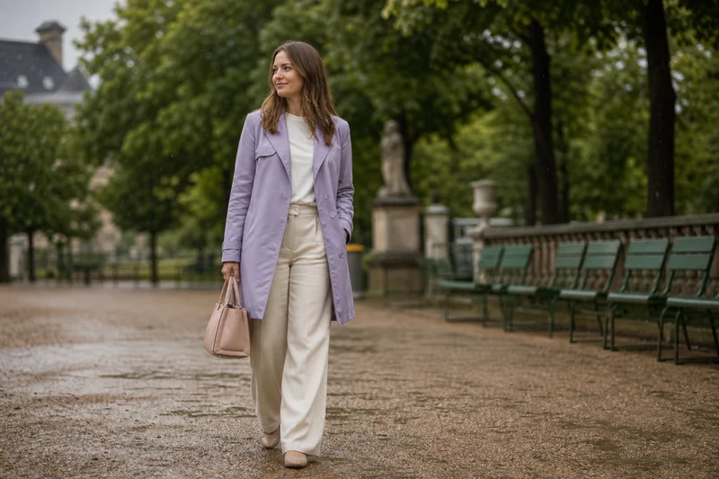 Trench lavande pastel, pantalon crème et ballerines beiges dans un jardin parisien