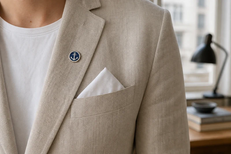 Broche émaillée bleu marine épinglée au-dessus de la poche poitrine d'un blazer beige