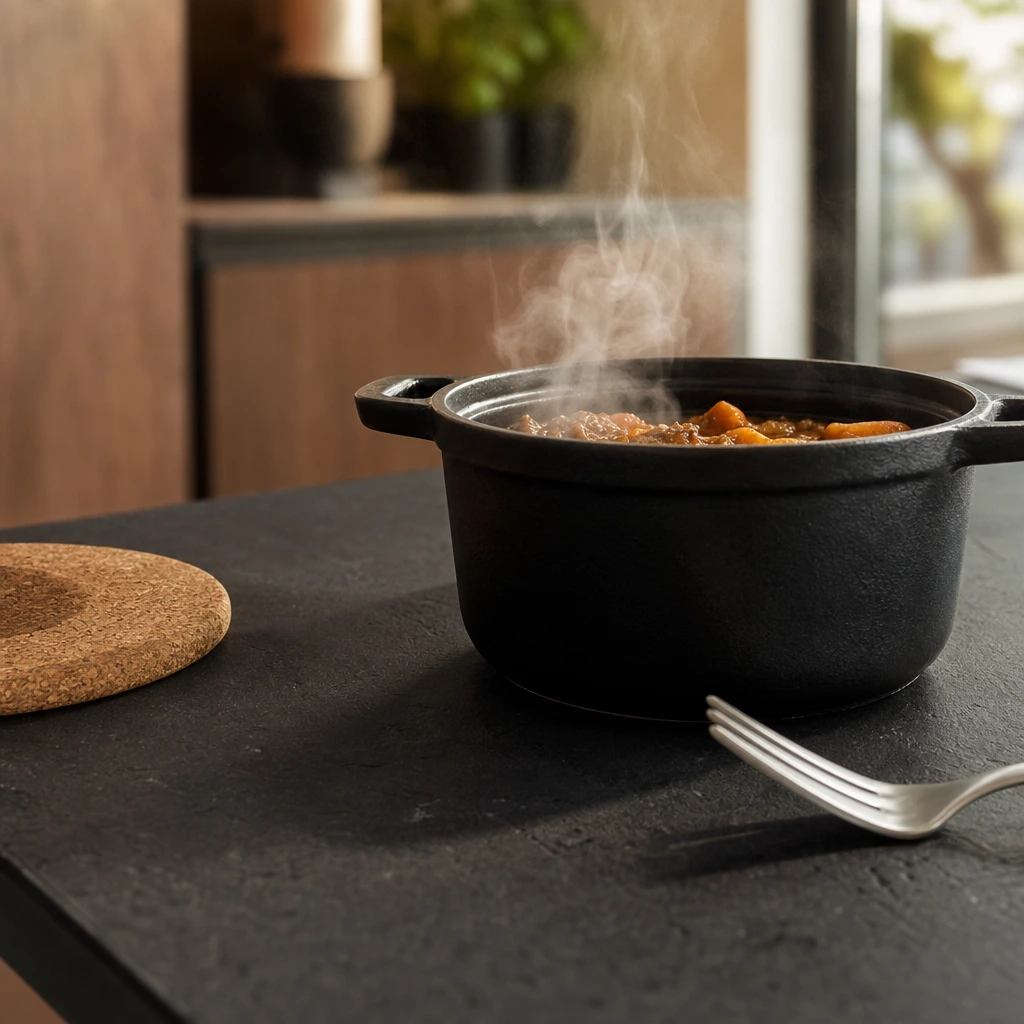 Casserole en fonte brûlante posée directement sur plan de travail en pierre frittée anthracite mate