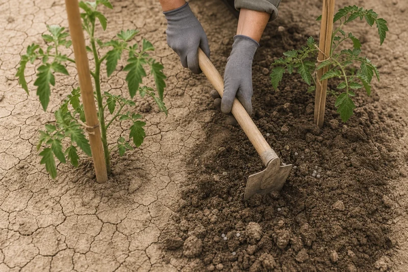 Binage léger pour casser la croûte de battance après les pluies au potager