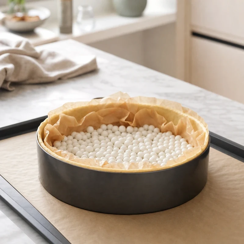 Fonçage du cercle à tarte avec pâte sablée et billes de cuisson pour la cuisson à blanc