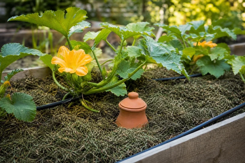 Goutte-à-goutte et oya en terre cuite installés au pied de courgettes
