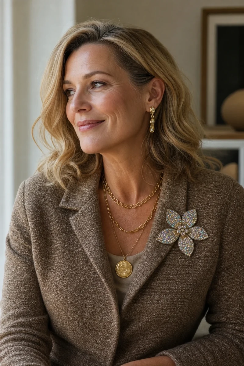 Broche florale XXL argentée portée sur veste en tweed beige avec colliers superposés