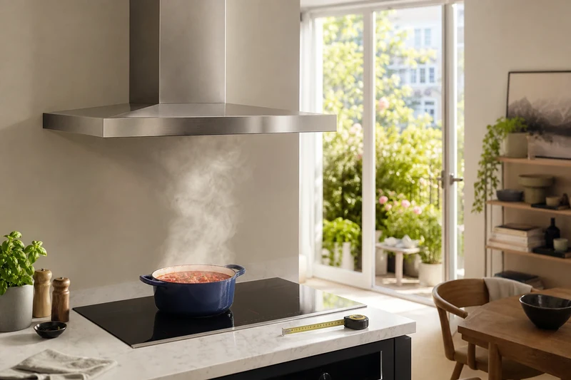 Hotte aspirante à évacuation aspirant la vapeur d'une casserole de tomates en sauce