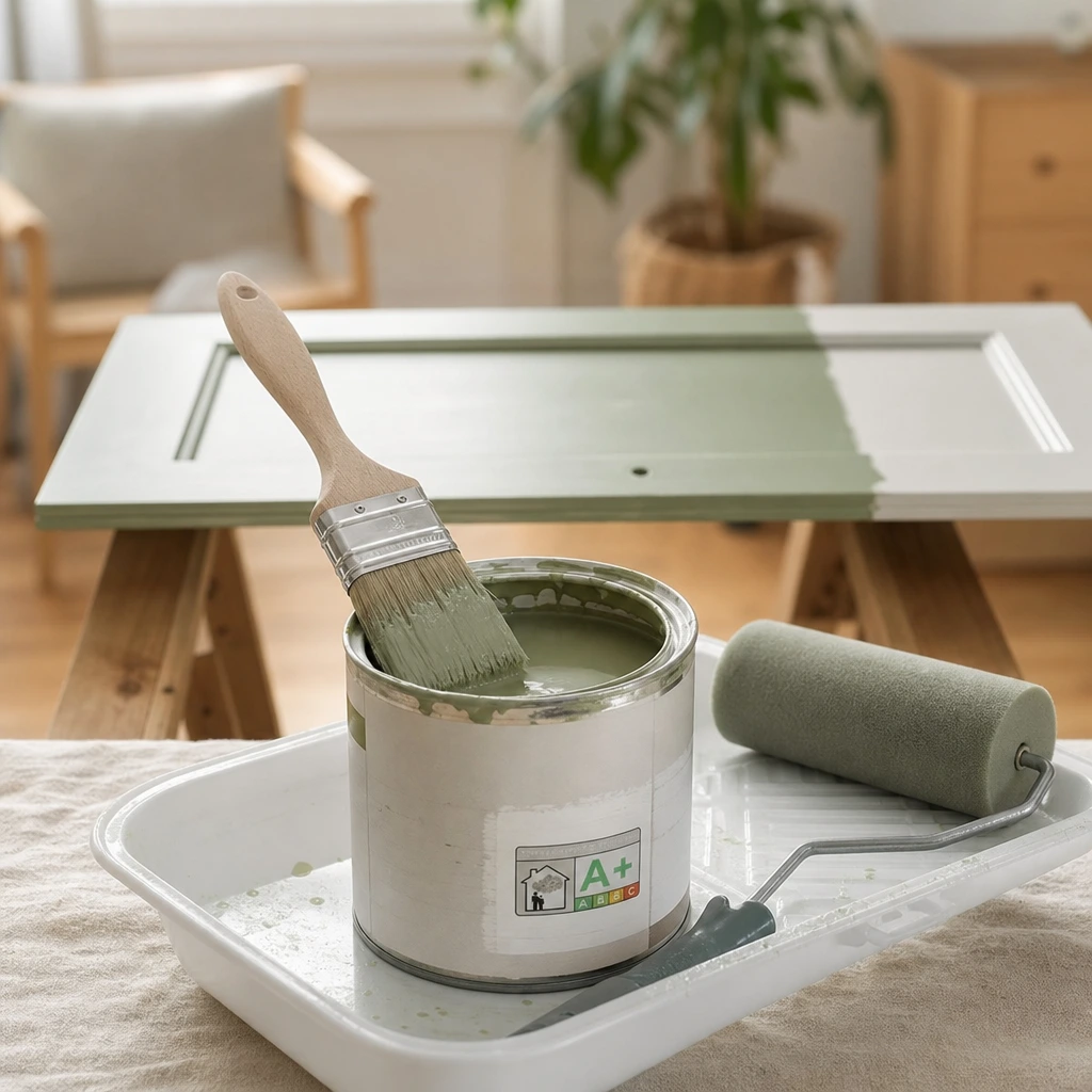 Pot de peinture acrylique étiquette A+ et pinceau plat sur un tiroir de commode