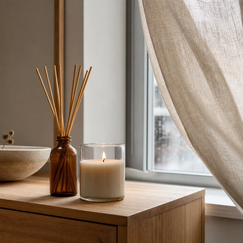 Diffuseur à bâtonnets et bougie naturelle avec fenêtre entrouverte pour aérer