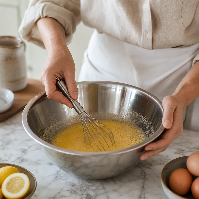 Fouettage des œufs et du sucre pour l'appareil à clafoutis