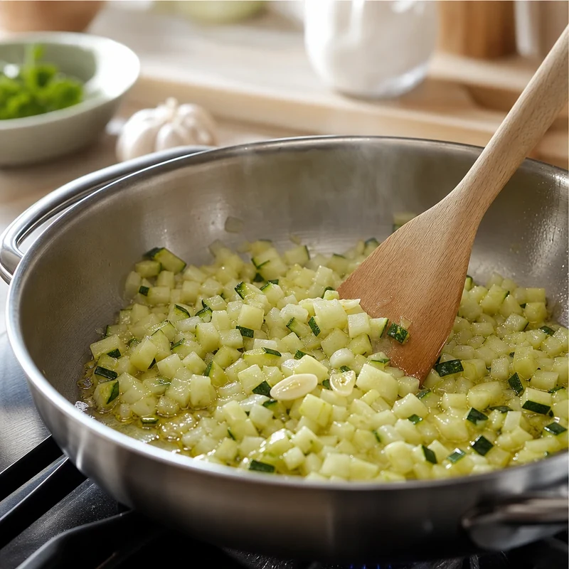 Chair de courgette qui cuit à la poêle avec ail et huile d'olive
