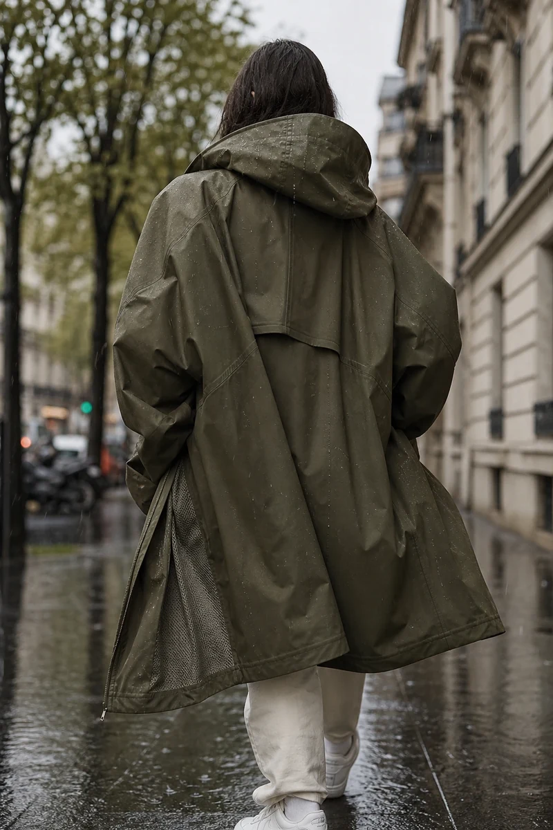 Imperméable oversize kaki à capuche sous une averse parisienne soutenue