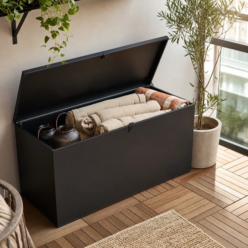 Banc-coffre ouvert avec rangement intégré sur petit balcon, coussins lin et plaid à l'intérieur