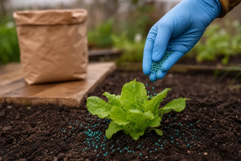 Épandage de granulés au phosphate ferrique autour d'un pied de salade après la pluie