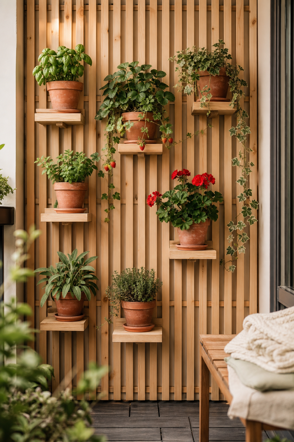 Mur végétal sur petit balcon avec treillis bois et pots en terre cuite étiquetés